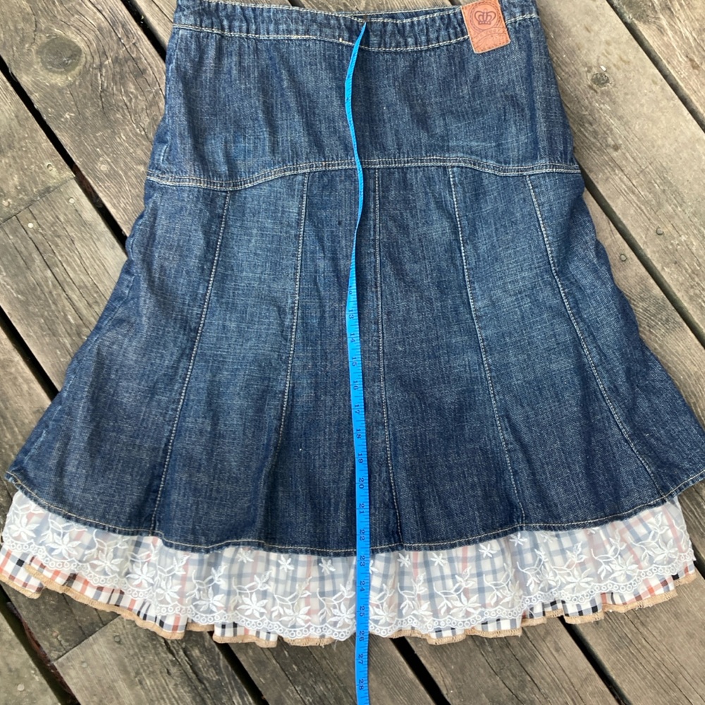 Boho IN LOOK JEANS Skirt Denim Blue Brown Cream Plaid Lace Ruffle Size 12 EU42 - Picture 7 of 14